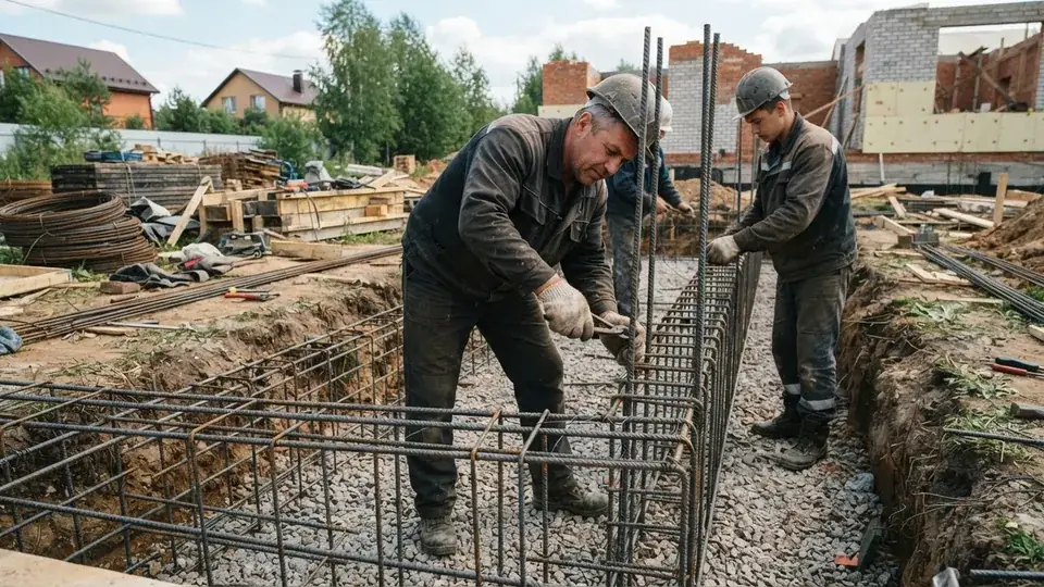 Строители армируют ленточный фундамент частного дома
